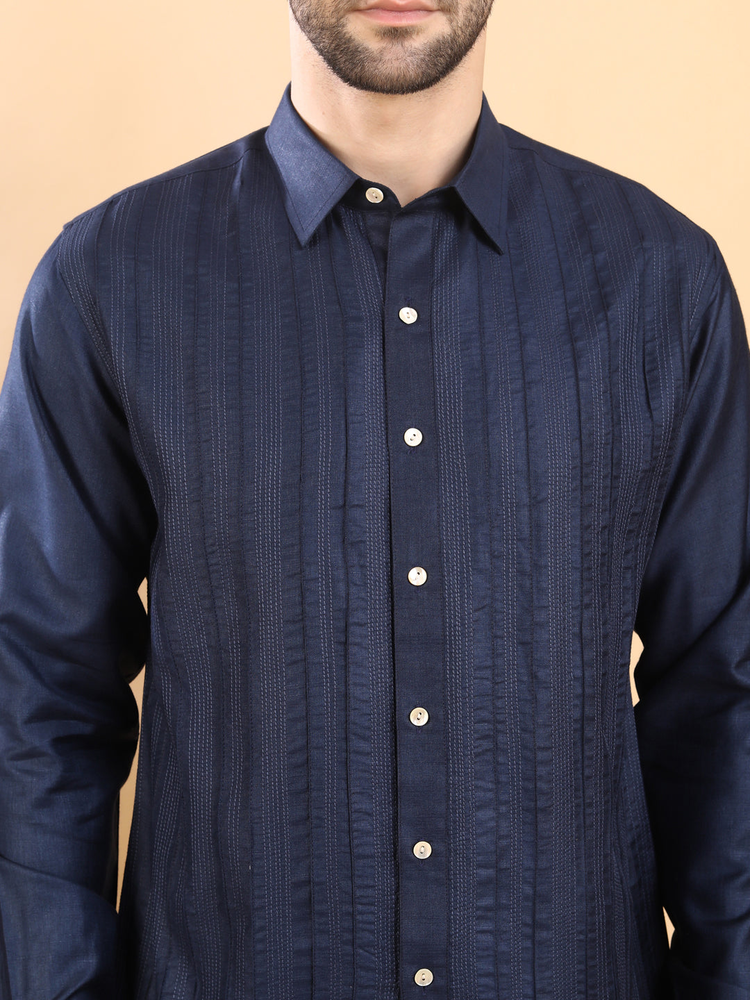 Men's Navy Blue Textured Pintuck Full Sleeve Casual Shirt