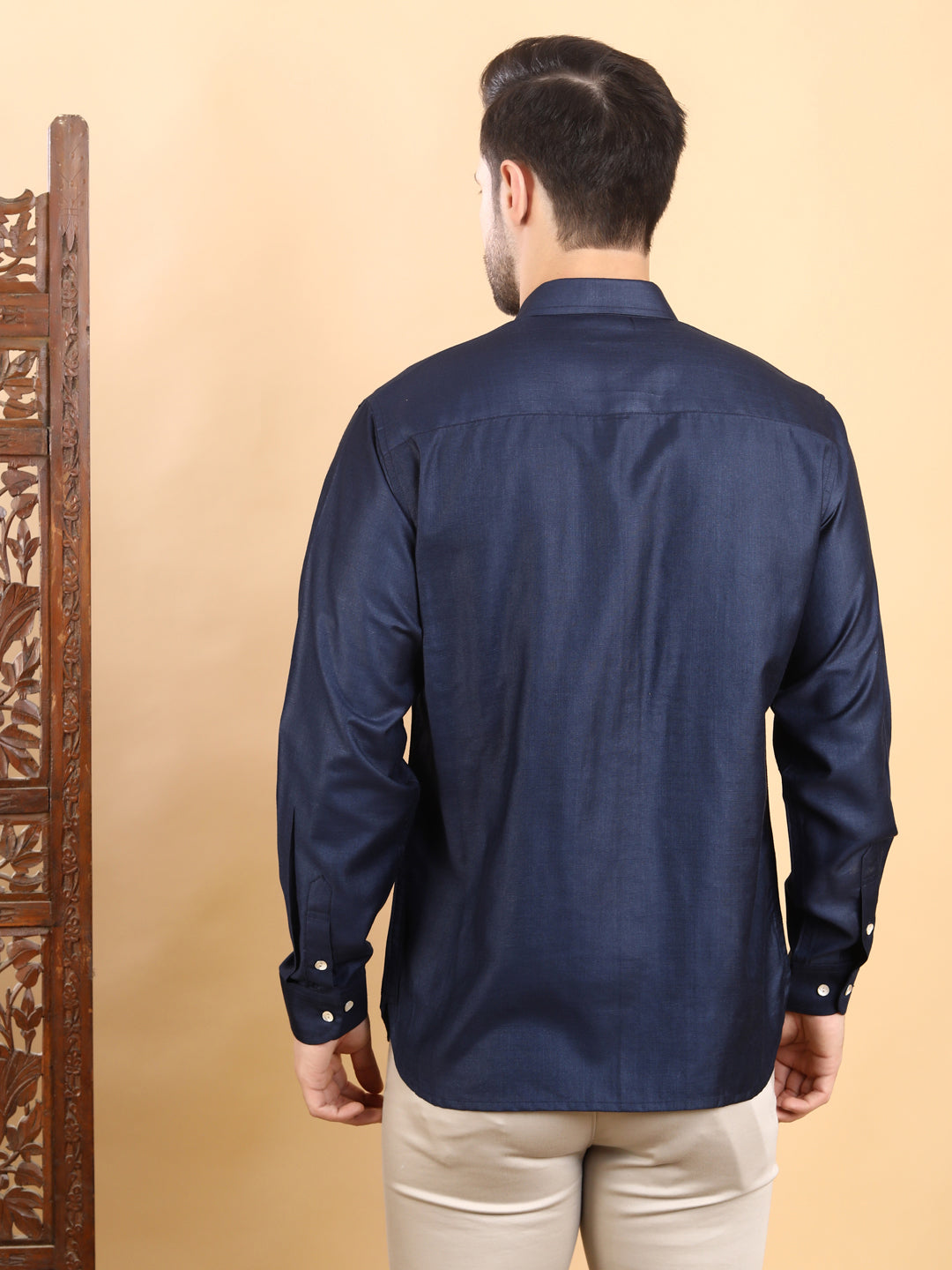 Men's Navy Blue Textured Pintuck Full Sleeve Casual Shirt