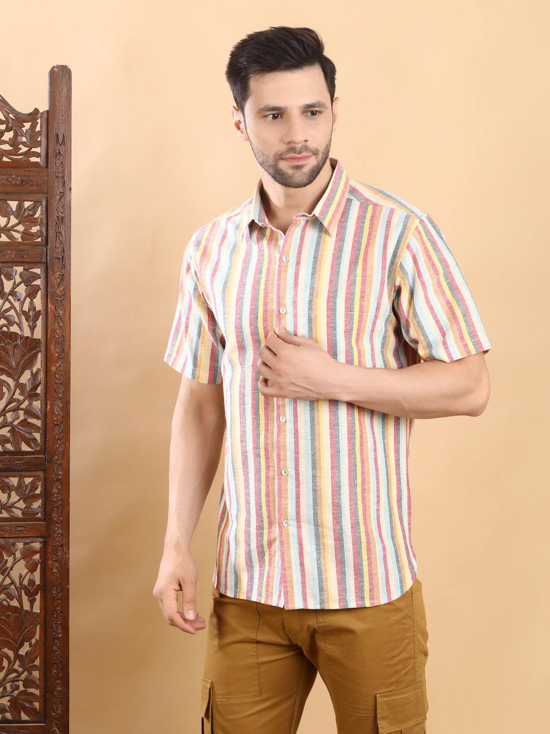Half-Sleeves Multicolor Vertical Striped Shirt