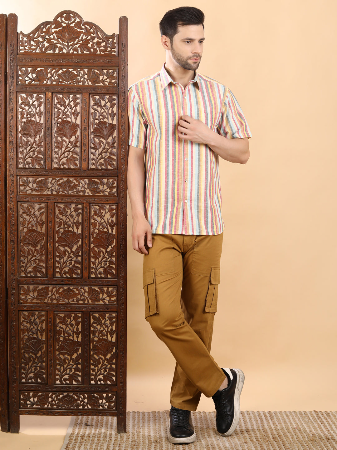 Half-Sleeves Multicolor Vertical Striped Shirt