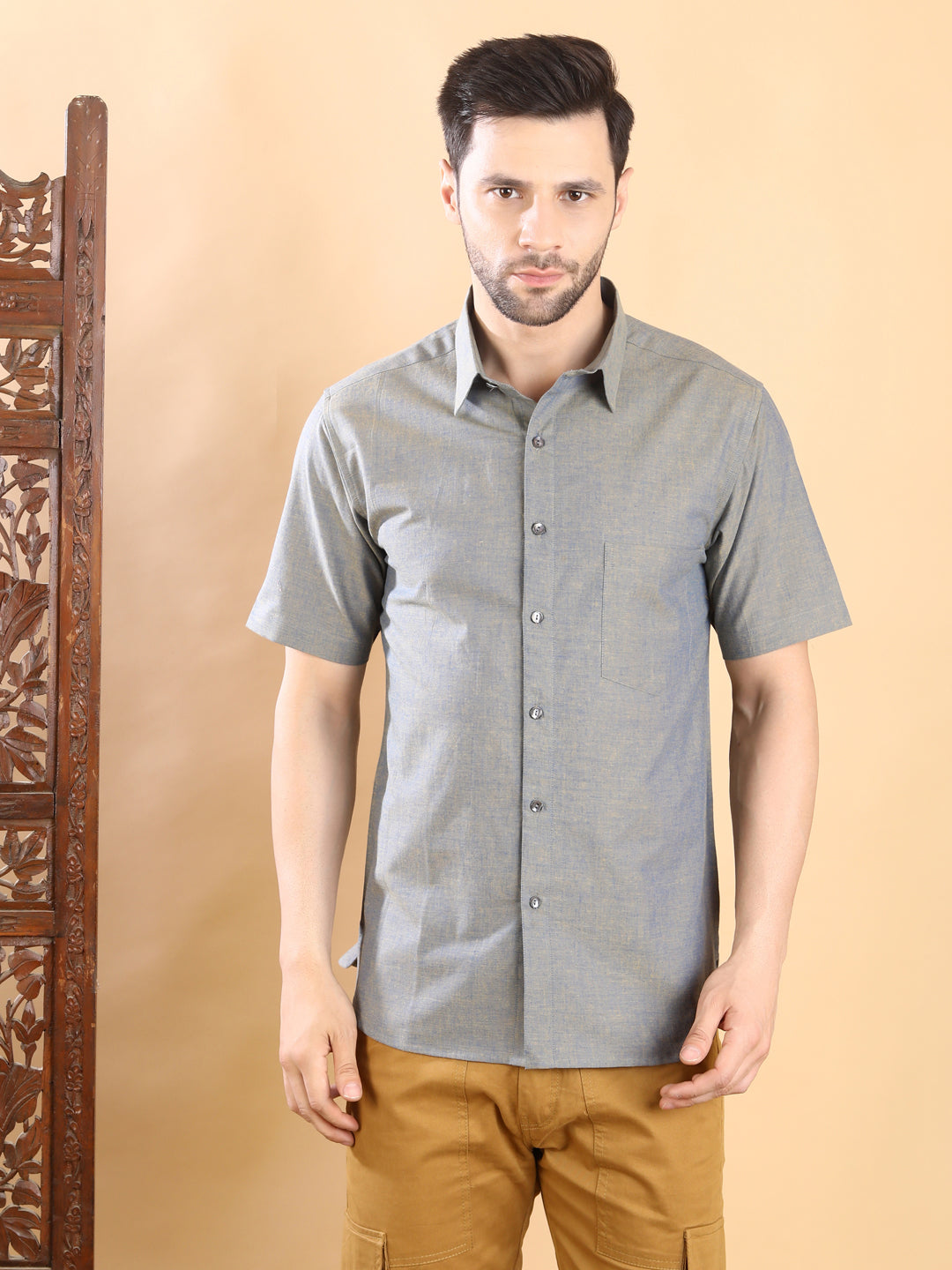 Half-Sleeves Solid Grey Short Sleeve Shirt