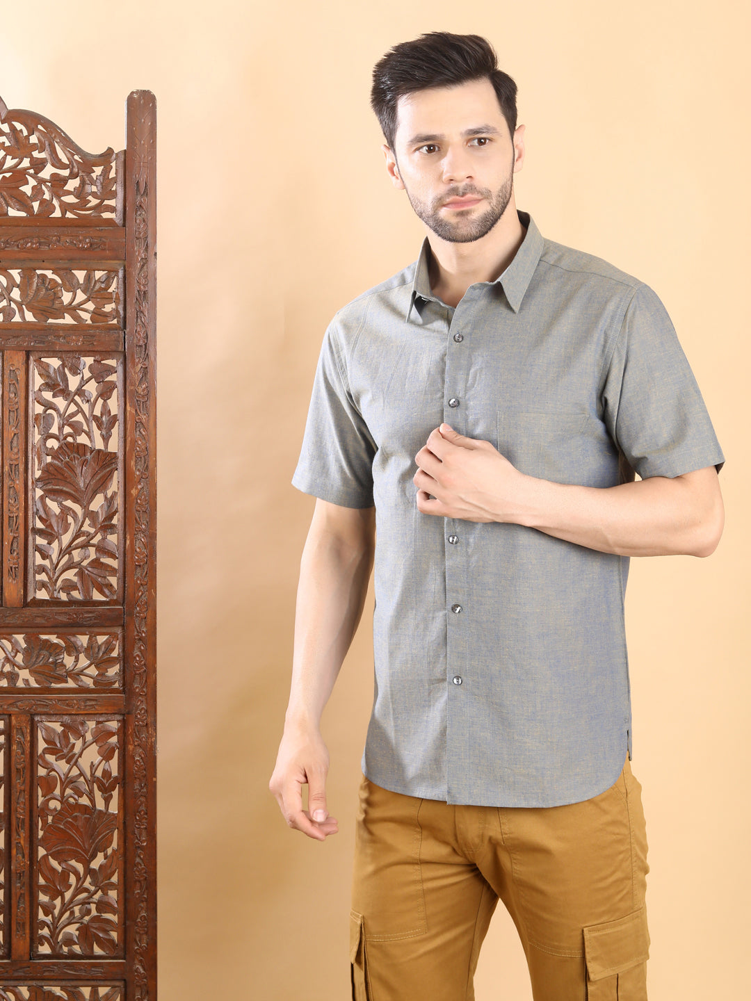 Half-Sleeves Solid Grey Short Sleeve Shirt