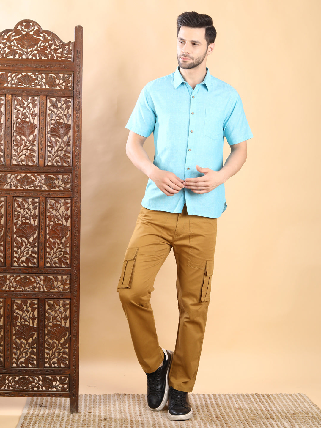 Half-Sleeves Aqua Blue Short-Sleeve Shirt