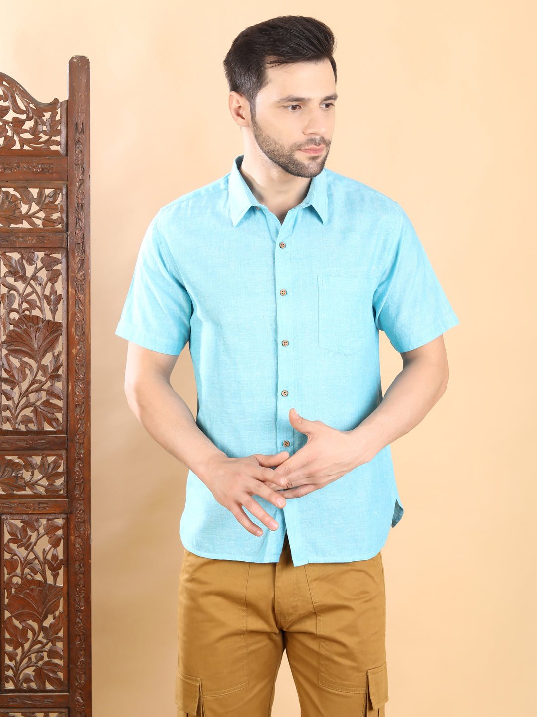 Half-Sleeves Aqua Blue Short-Sleeve Shirt