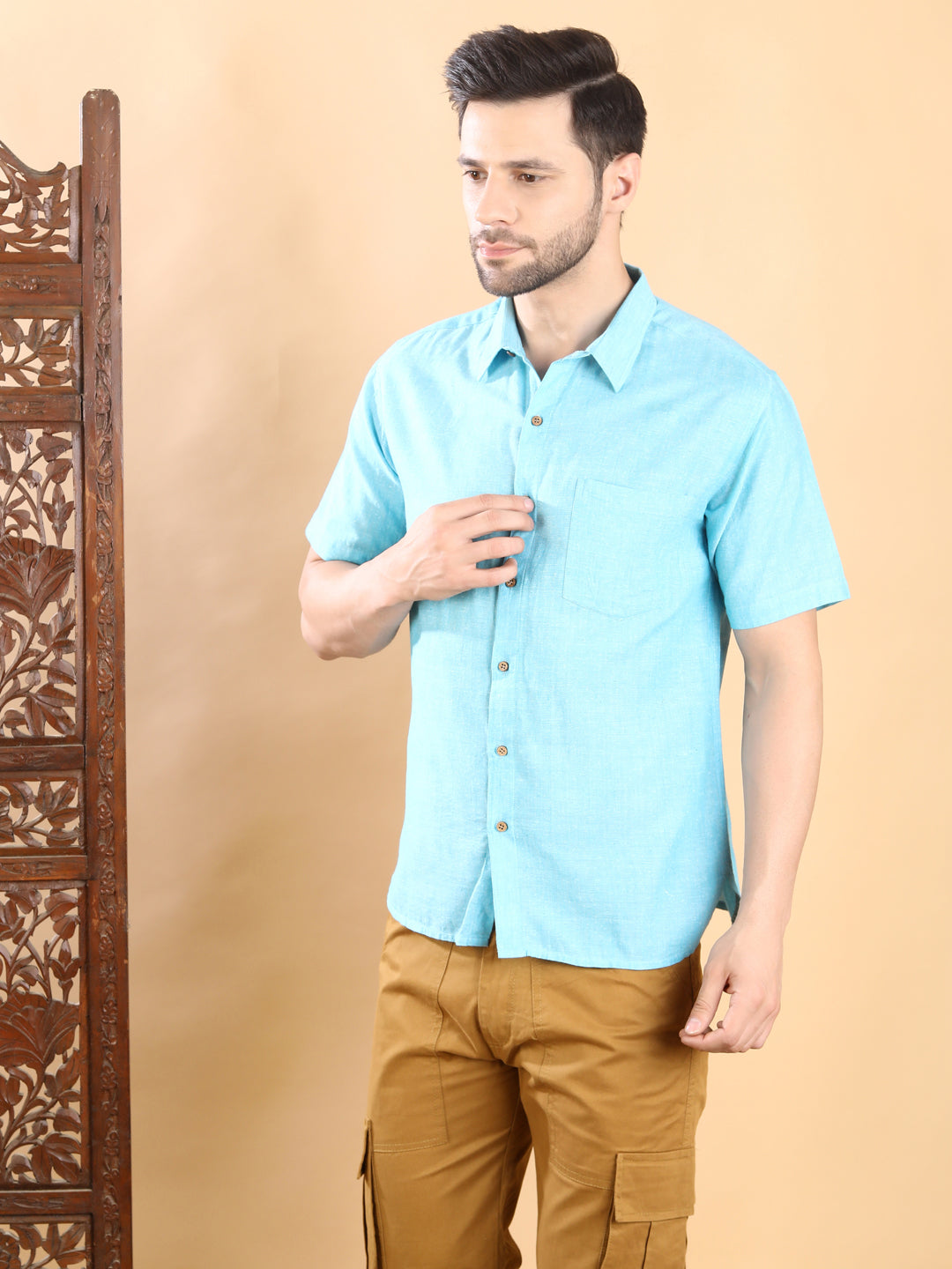 Half-Sleeves Aqua Blue Short-Sleeve Shirt