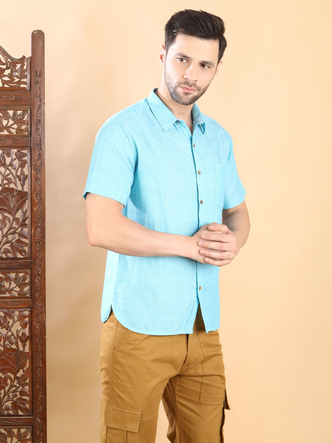 Half-Sleeves Aqua Blue Short-Sleeve Shirt