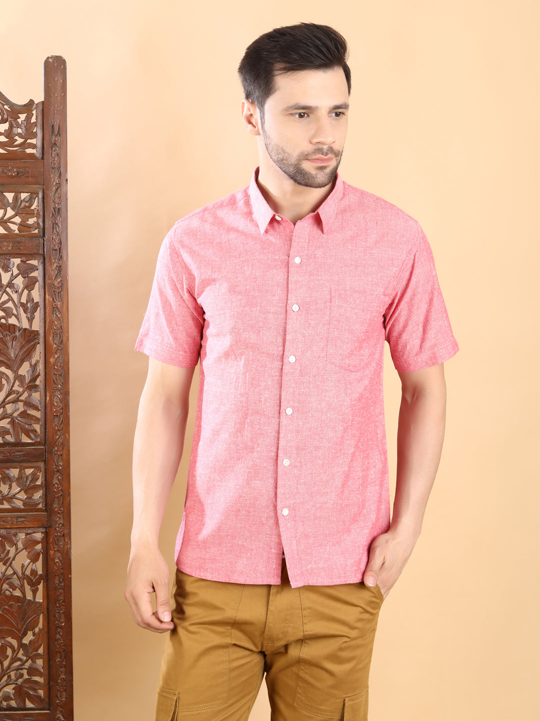 Half-Sleeves Pink Chambray Half-Sleeve Shirt