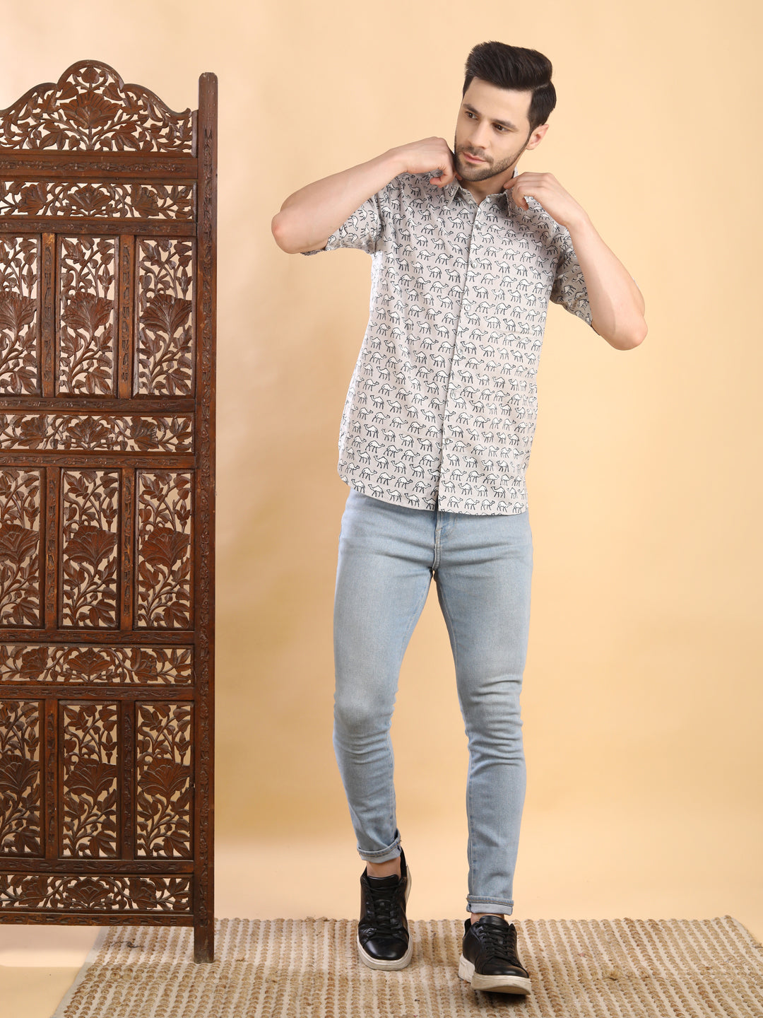 Half-Sleeves Grey Printed Shirt