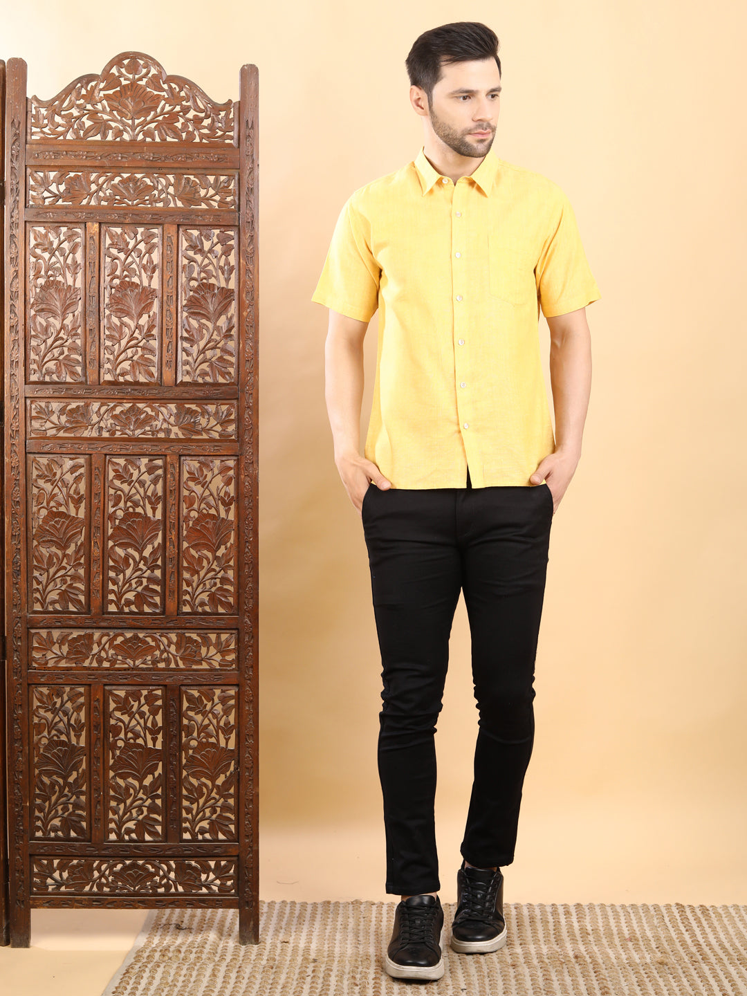 Half-Sleeves Solid Yellow Cotton Shirt