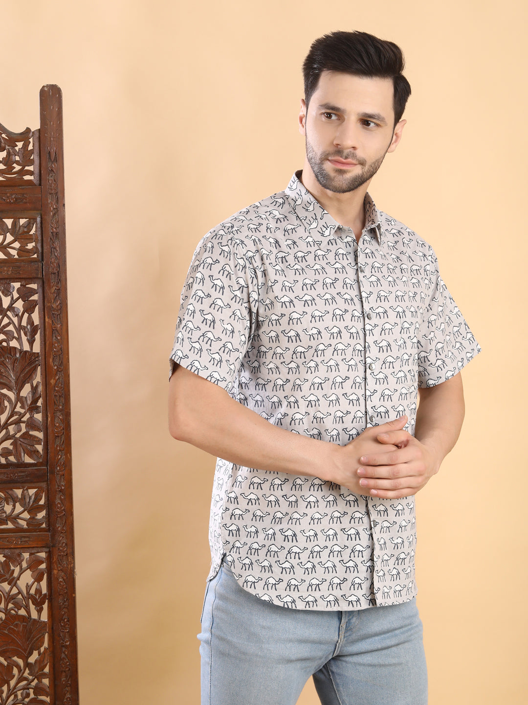 Half-Sleeves Grey Printed Shirt