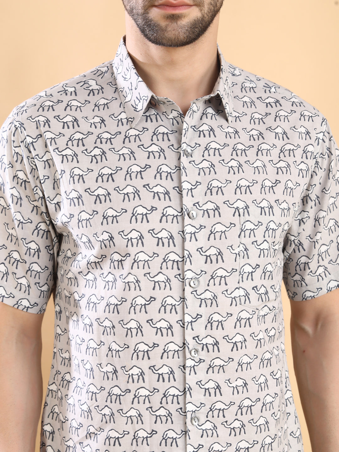 Half-Sleeves Grey Printed Shirt