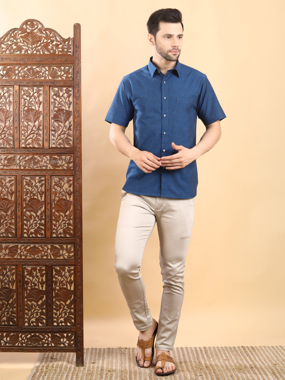 Half-Sleeves Solid Blue Cotton Shirt
