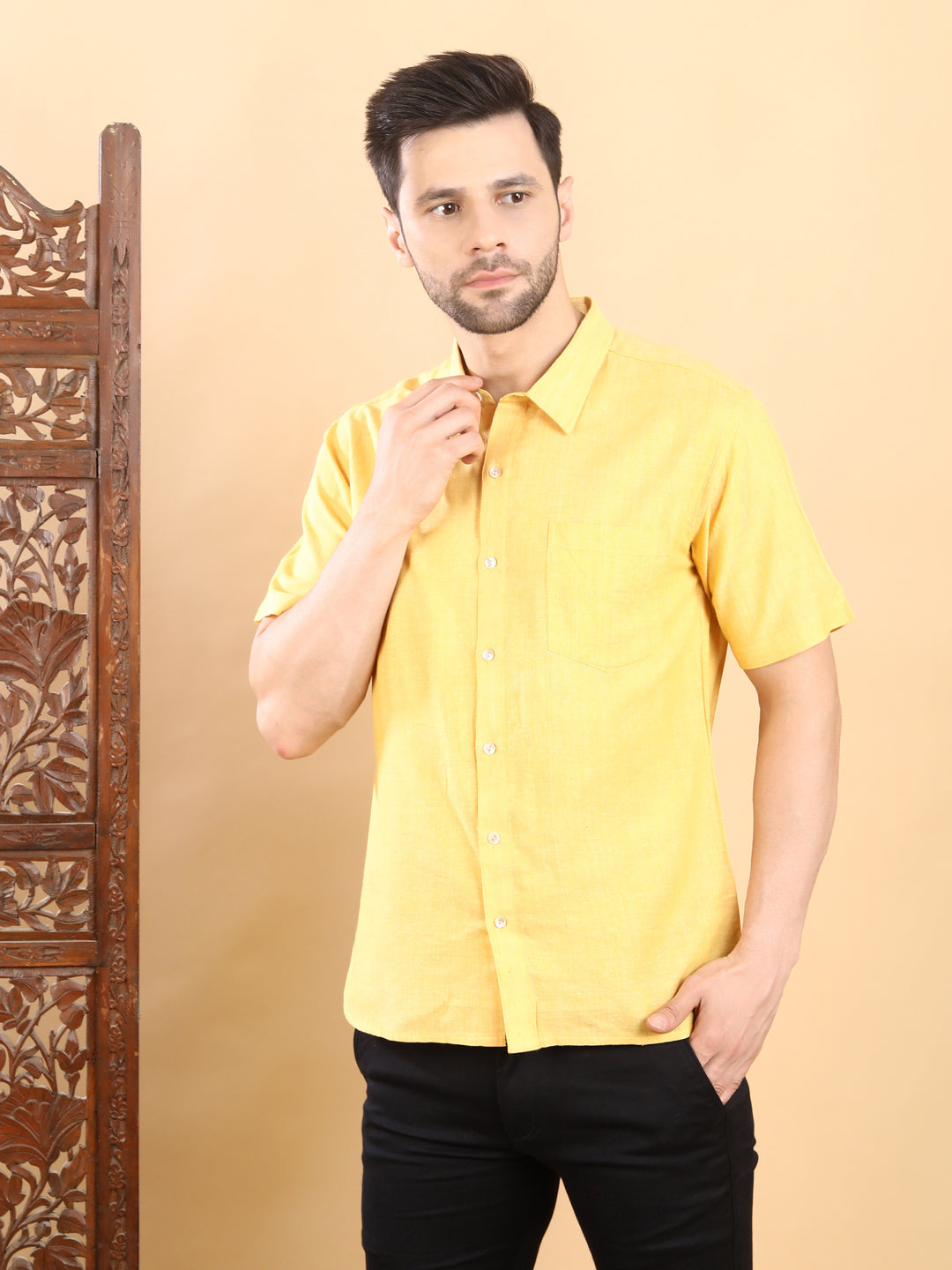 Half-Sleeves Solid Yellow Cotton Shirt
