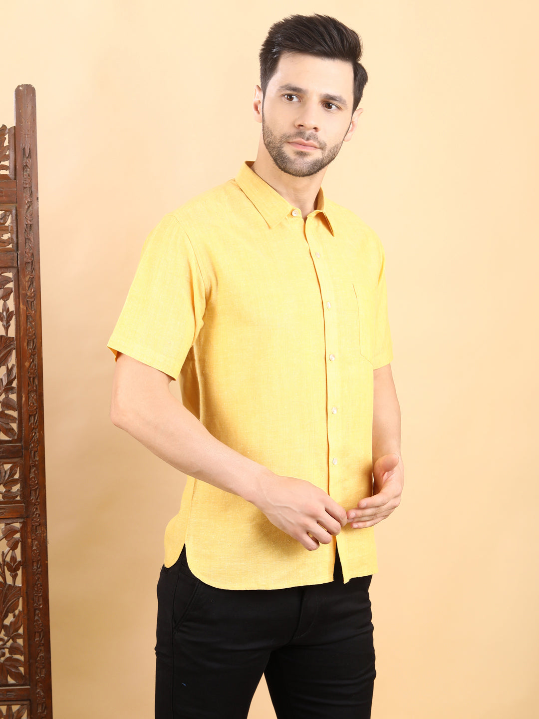 Half-Sleeves Solid Yellow Cotton Shirt