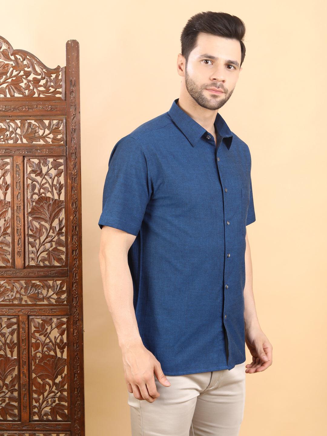 Half-Sleeves Solid Blue Cotton Shirt