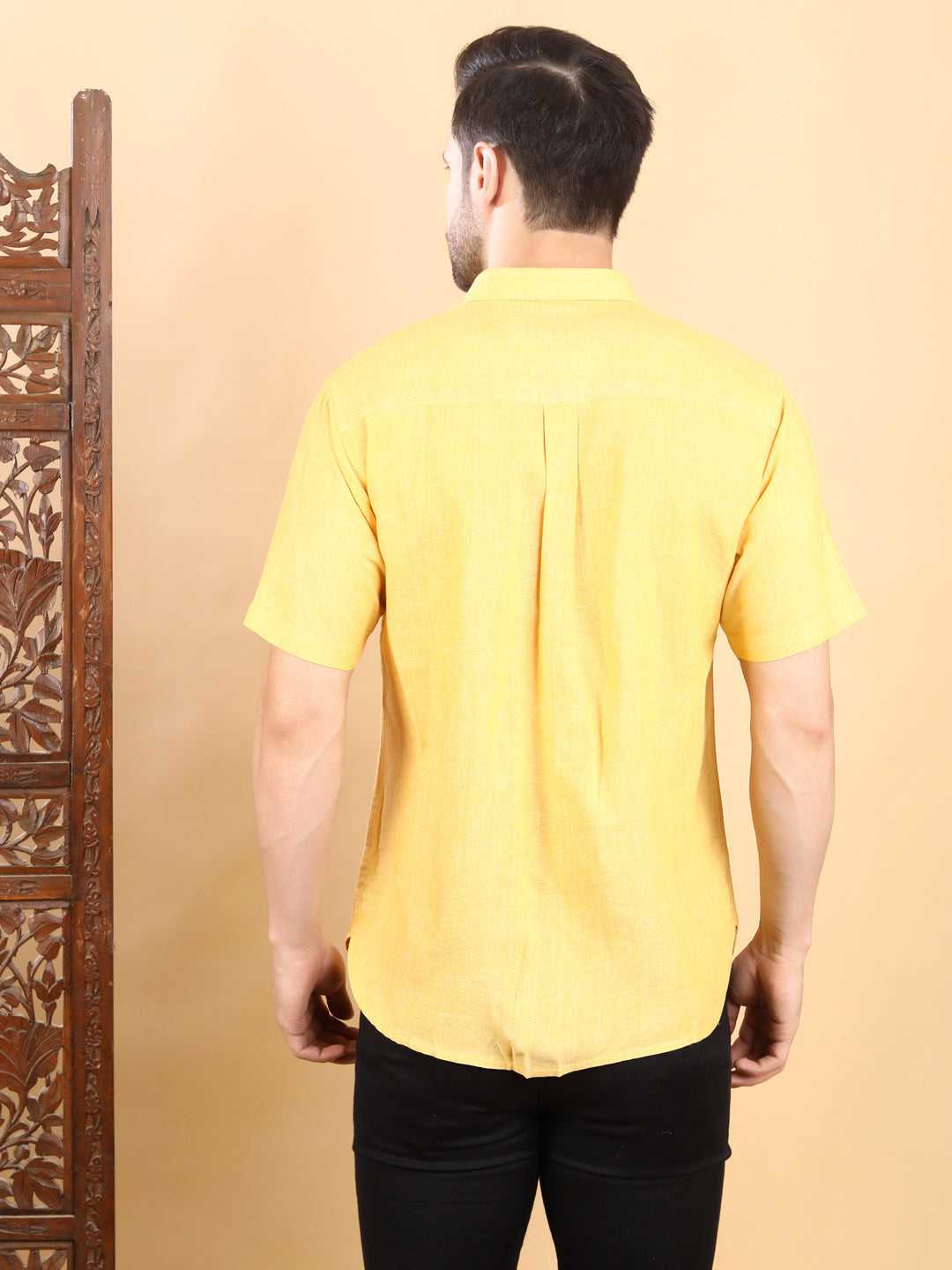 Half-Sleeves Solid Yellow Cotton Shirt