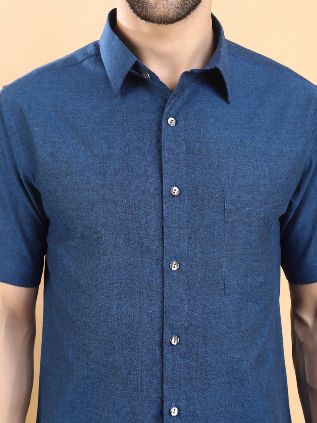 Half-Sleeves Solid Blue Cotton Shirt