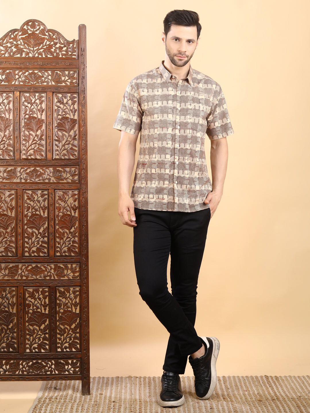 Half-Sleeves Beige Printed Cotton Shirt