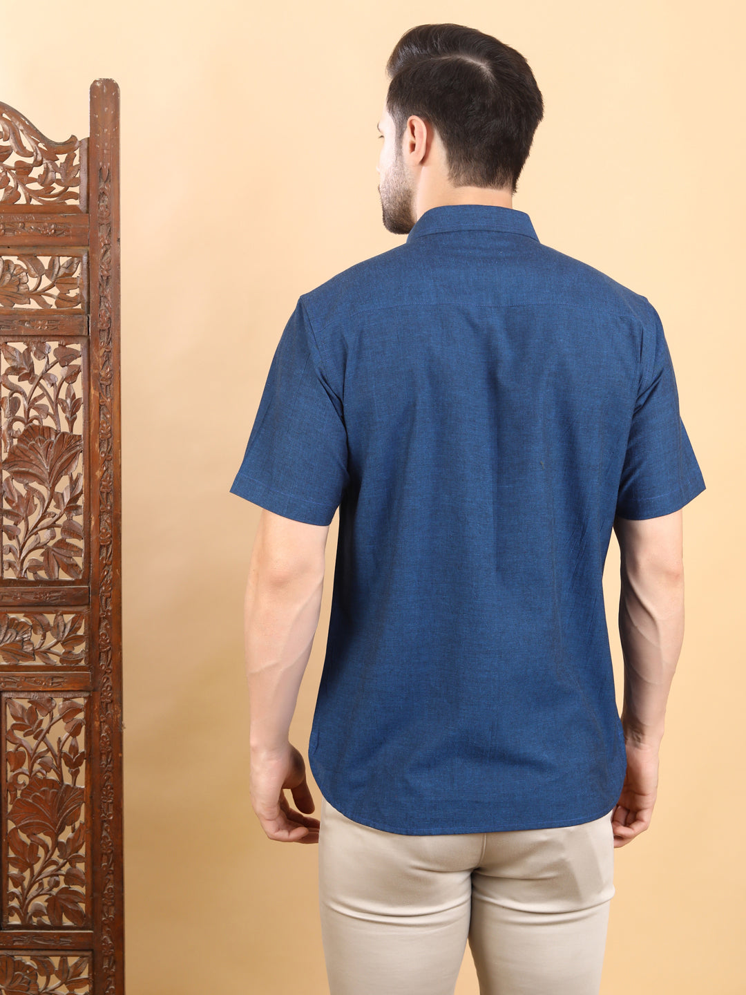 Half-Sleeves Solid Blue Cotton Shirt