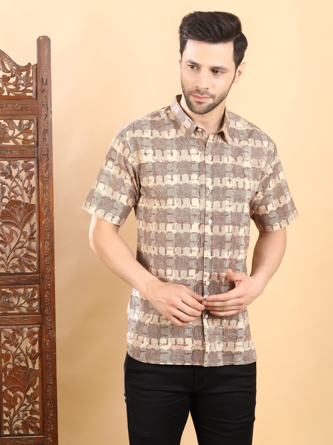 Half-Sleeves Beige Printed Cotton Shirt