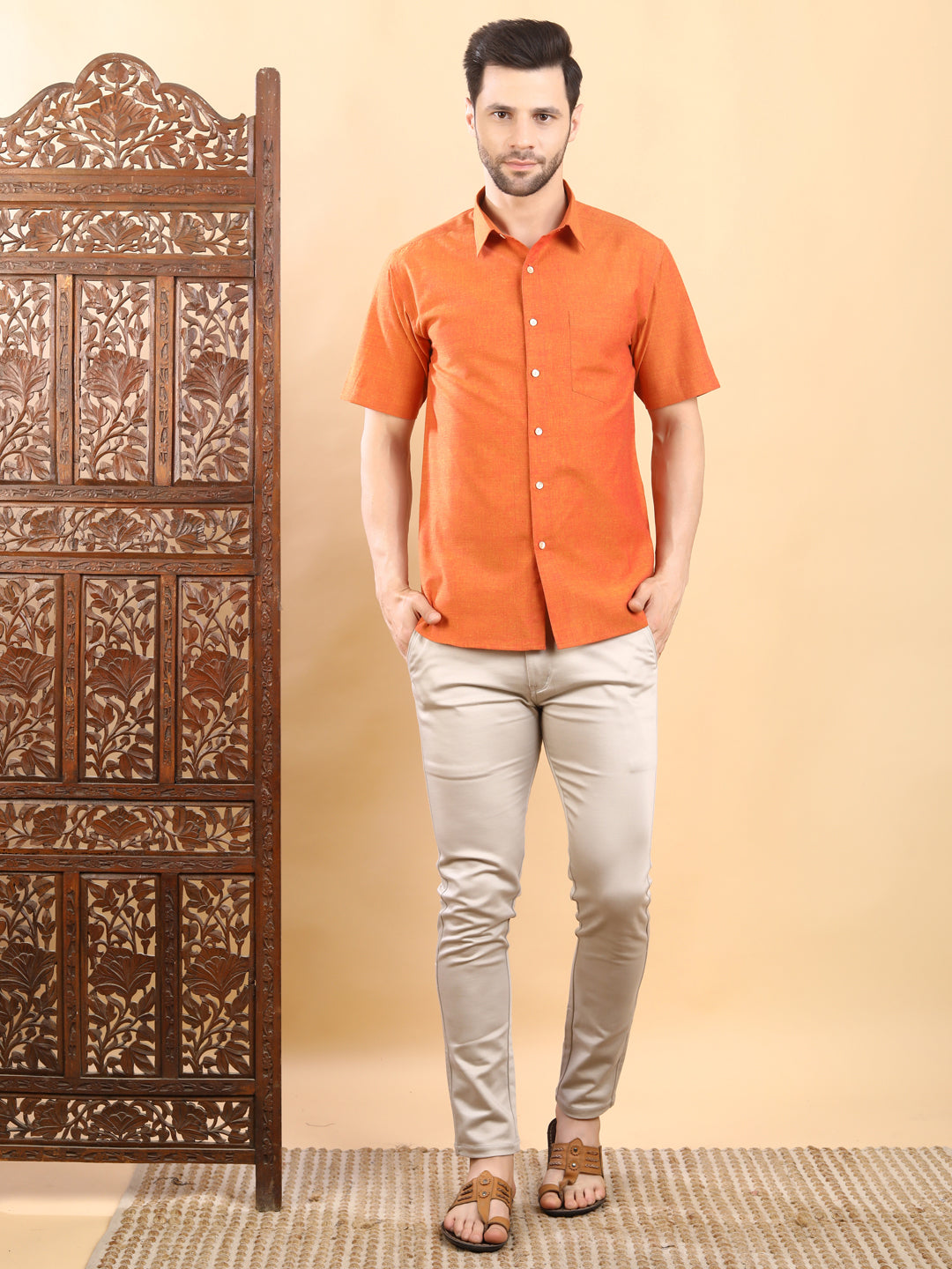 Half-Sleeves Vibrant Solid Orange Cotton Shirt
