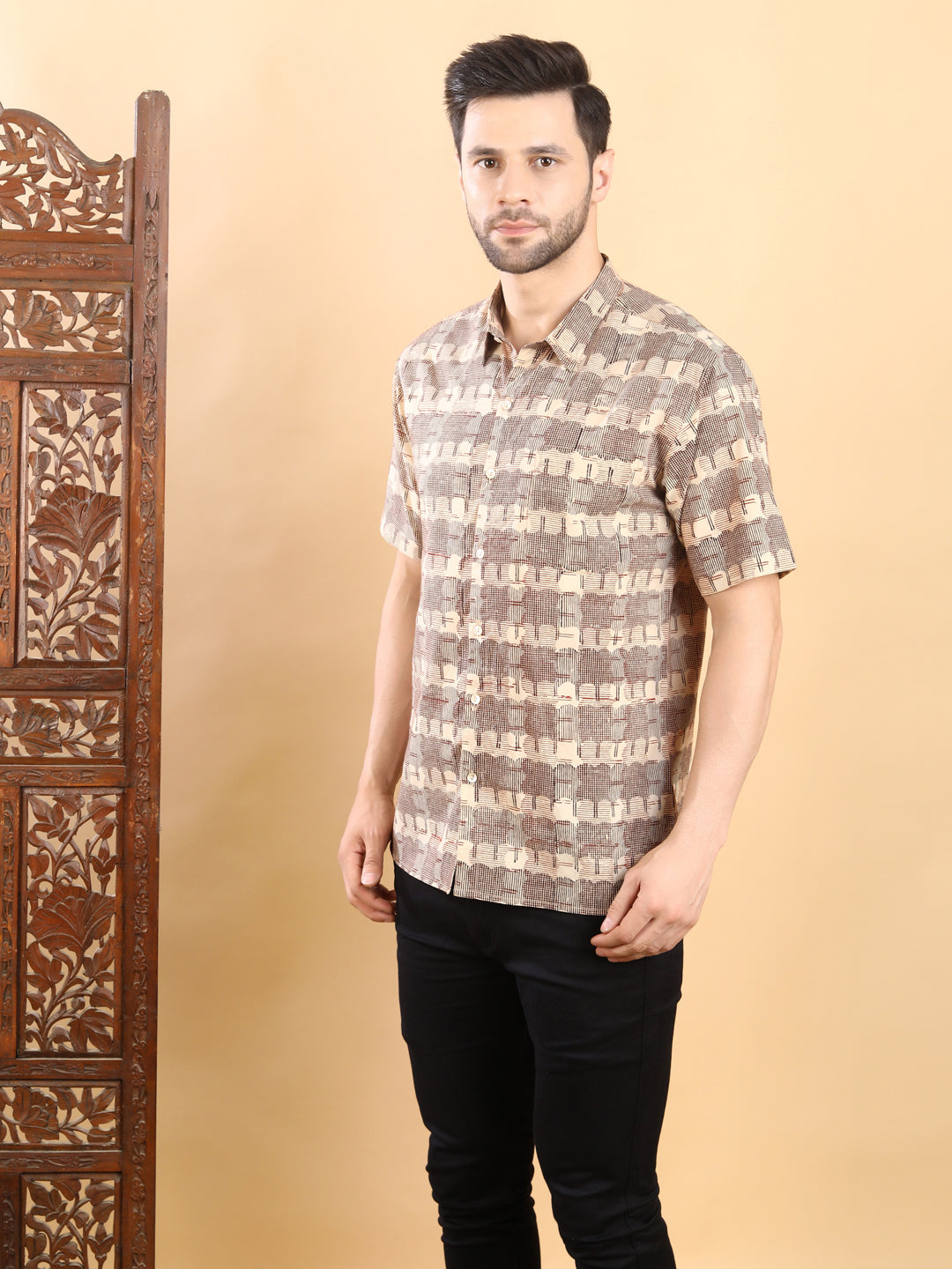 Half-Sleeves Beige Printed Cotton Shirt