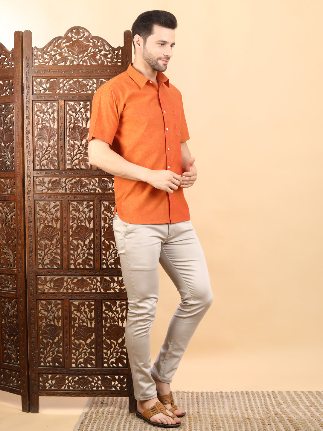 Half-Sleeves Vibrant Solid Orange Cotton Shirt