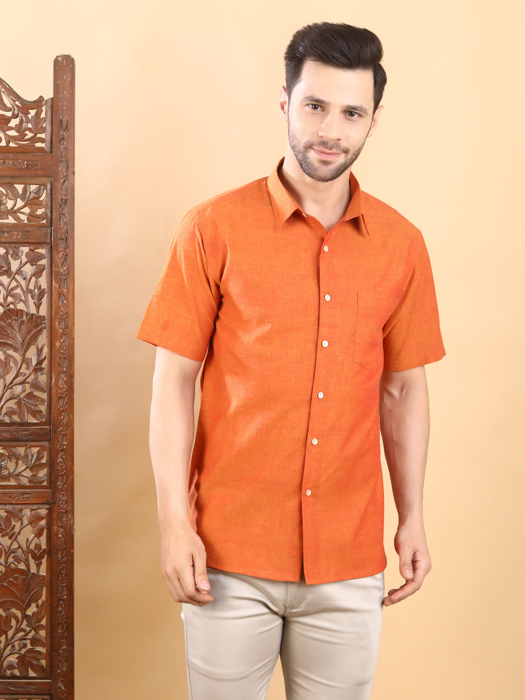 Half-Sleeves Vibrant Solid Orange Cotton Shirt
