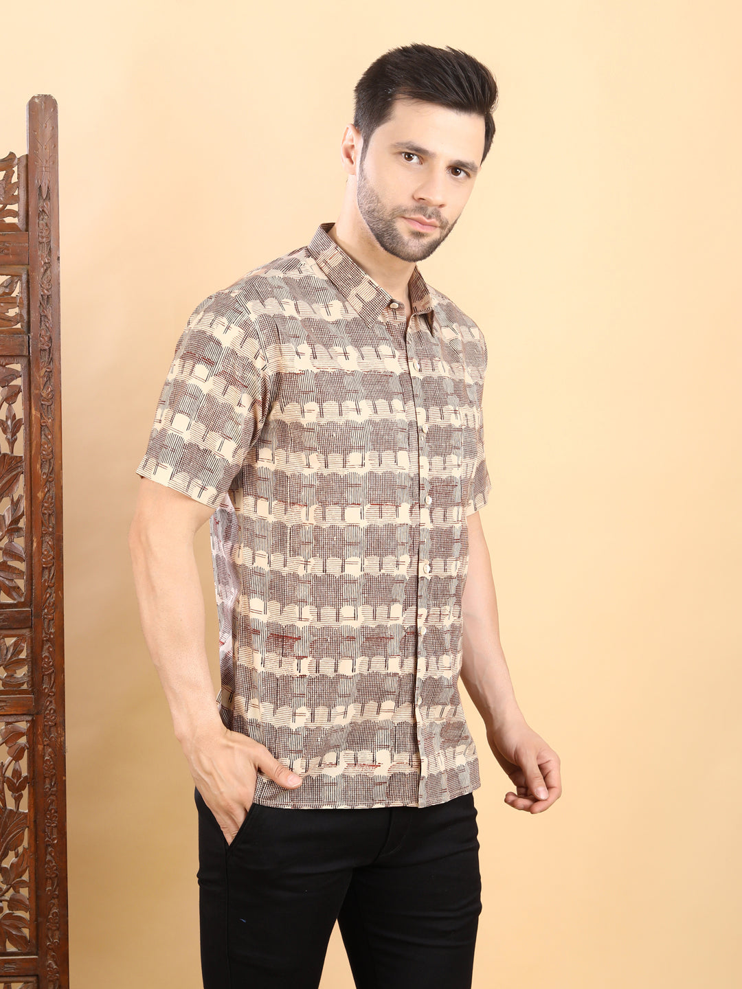 Half-Sleeves Beige Printed Cotton Shirt