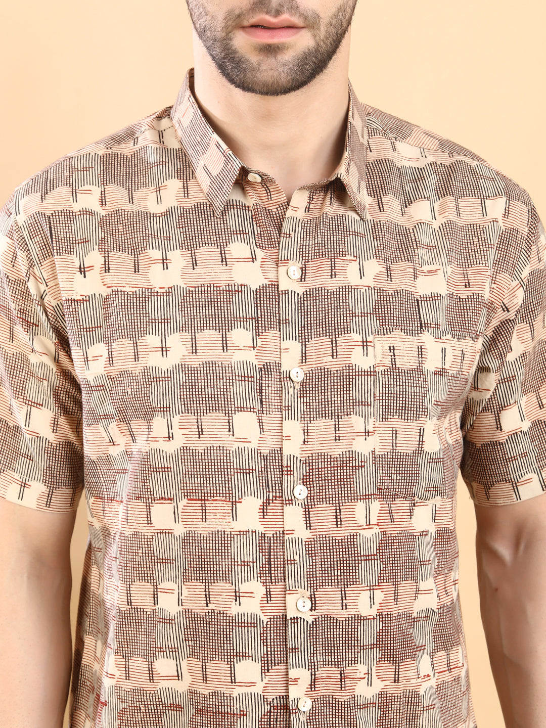 Half-Sleeves Beige Printed Cotton Shirt