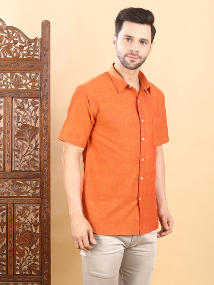 Half-Sleeves Vibrant Solid Orange Cotton Shirt
