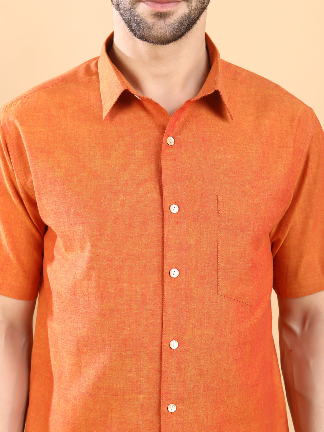 Half-Sleeves Vibrant Solid Orange Cotton Shirt