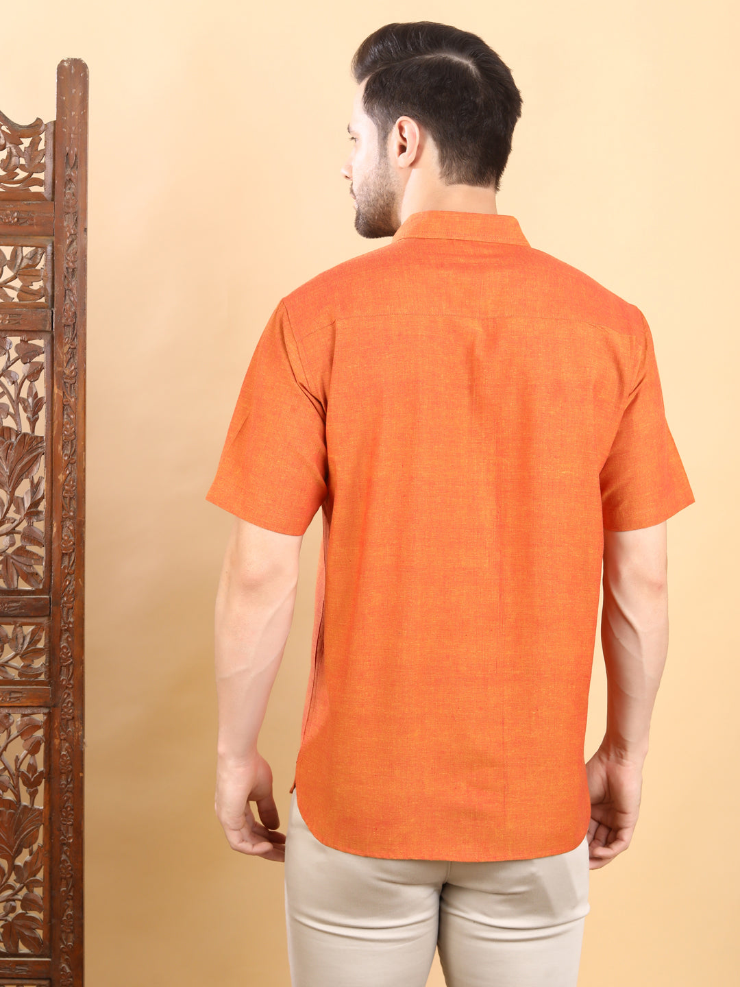 Half-Sleeves Vibrant Solid Orange Cotton Shirt