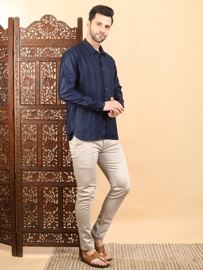 Men's Navy Blue Textured Pintuck Full Sleeve Casual Shirt