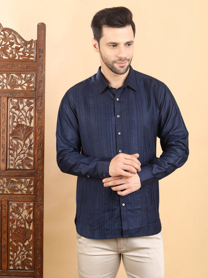 Men's Navy Blue Textured Pintuck Full Sleeve Casual Shirt