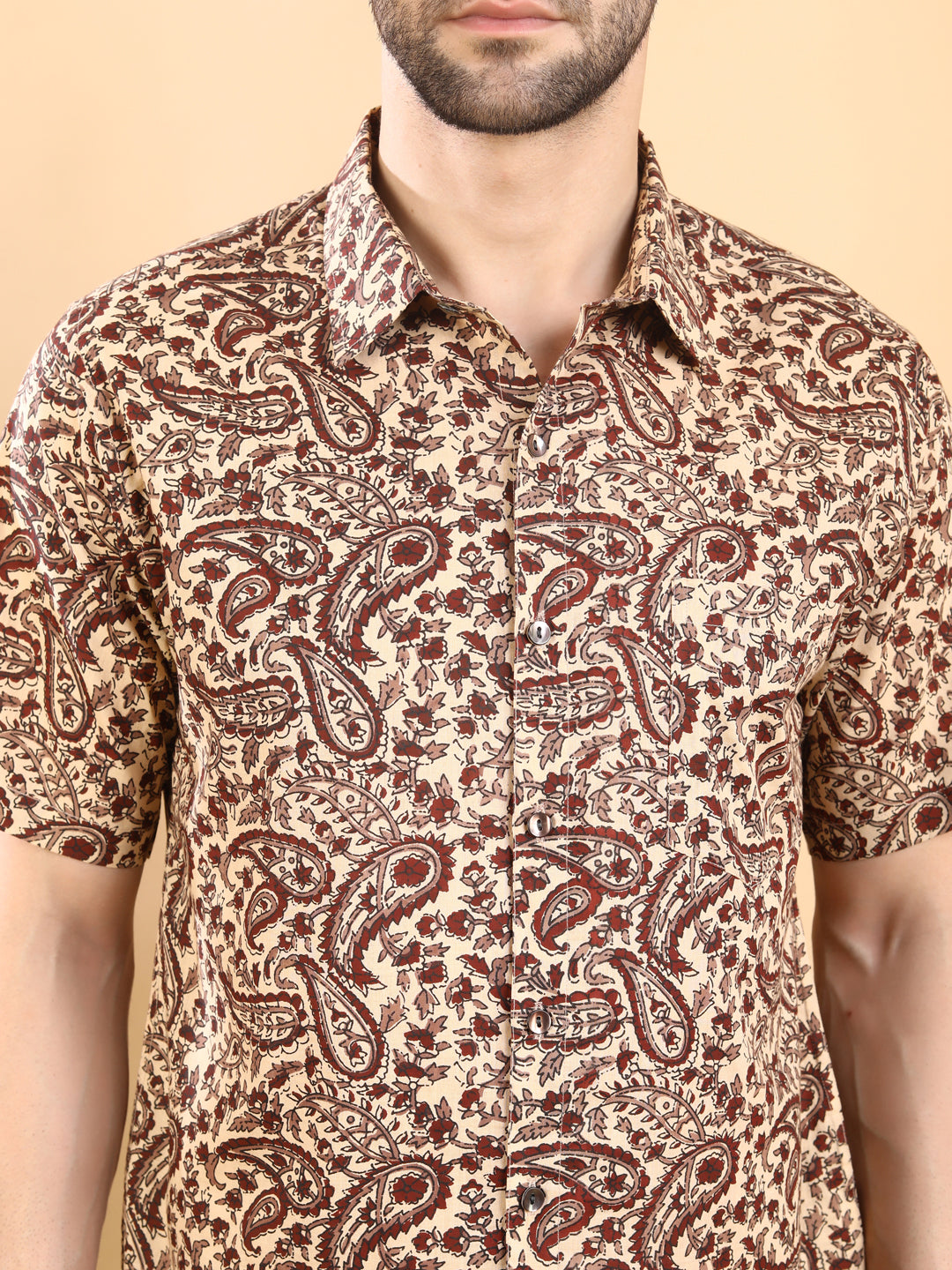 Half-Sleeves Beige Cotton Shirt