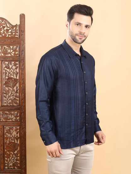 Men's Navy Blue Textured Pintuck Full Sleeve Casual Shirt