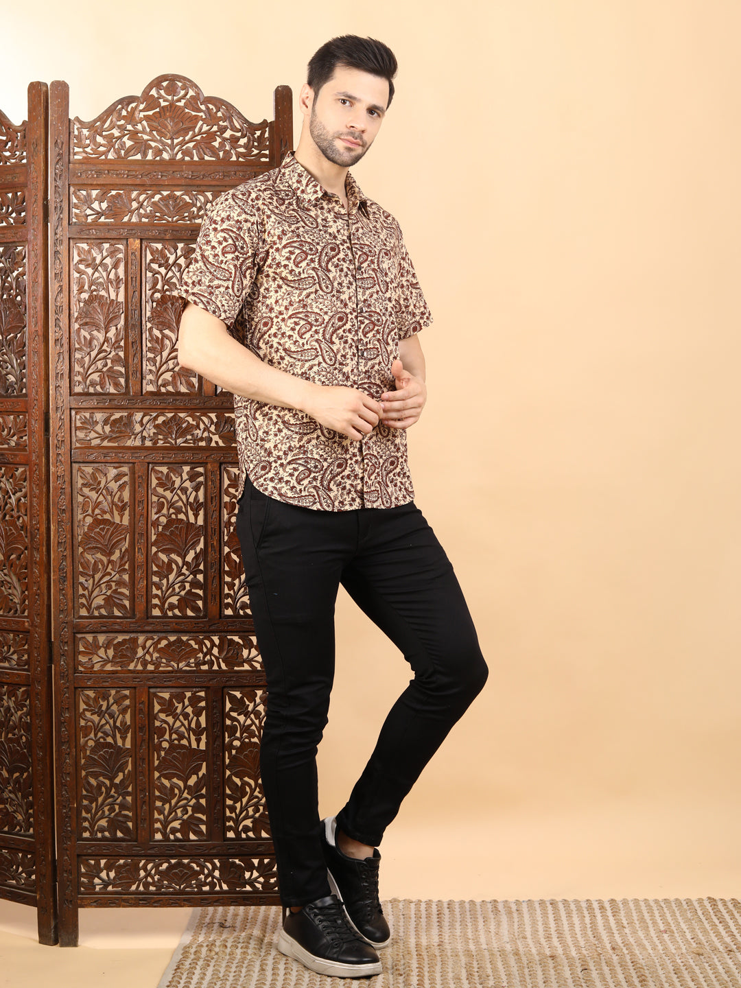 Half-Sleeves Beige Cotton Shirt