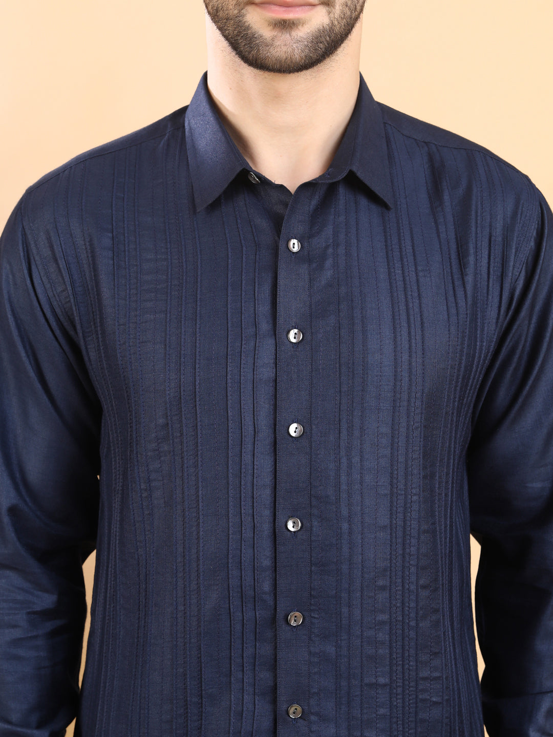 Men's Navy Blue Textured Pintuck Full Sleeve Casual Shirt