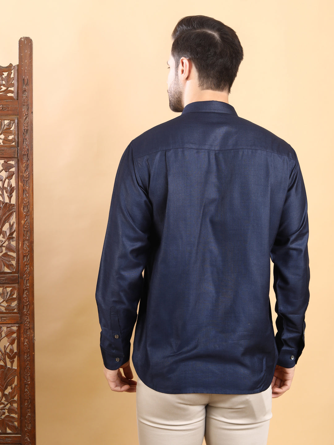 Men's Navy Blue Textured Pintuck Full Sleeve Casual Shirt