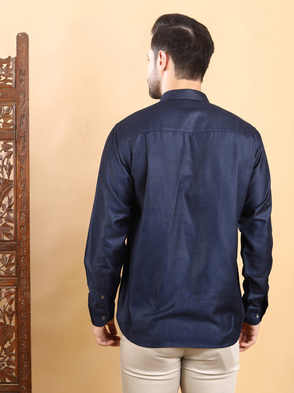 Men's Navy Blue Textured Pintuck Full Sleeve Casual Shirt