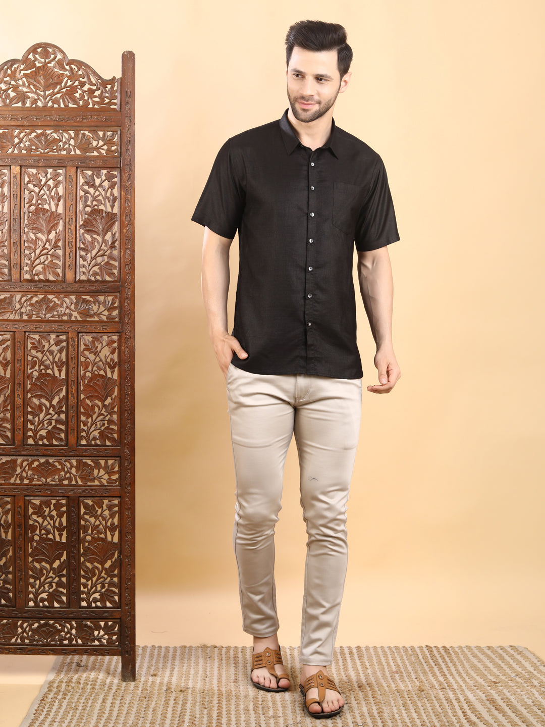 Half-Sleeves Black Solid Short-Sleeve Shirt