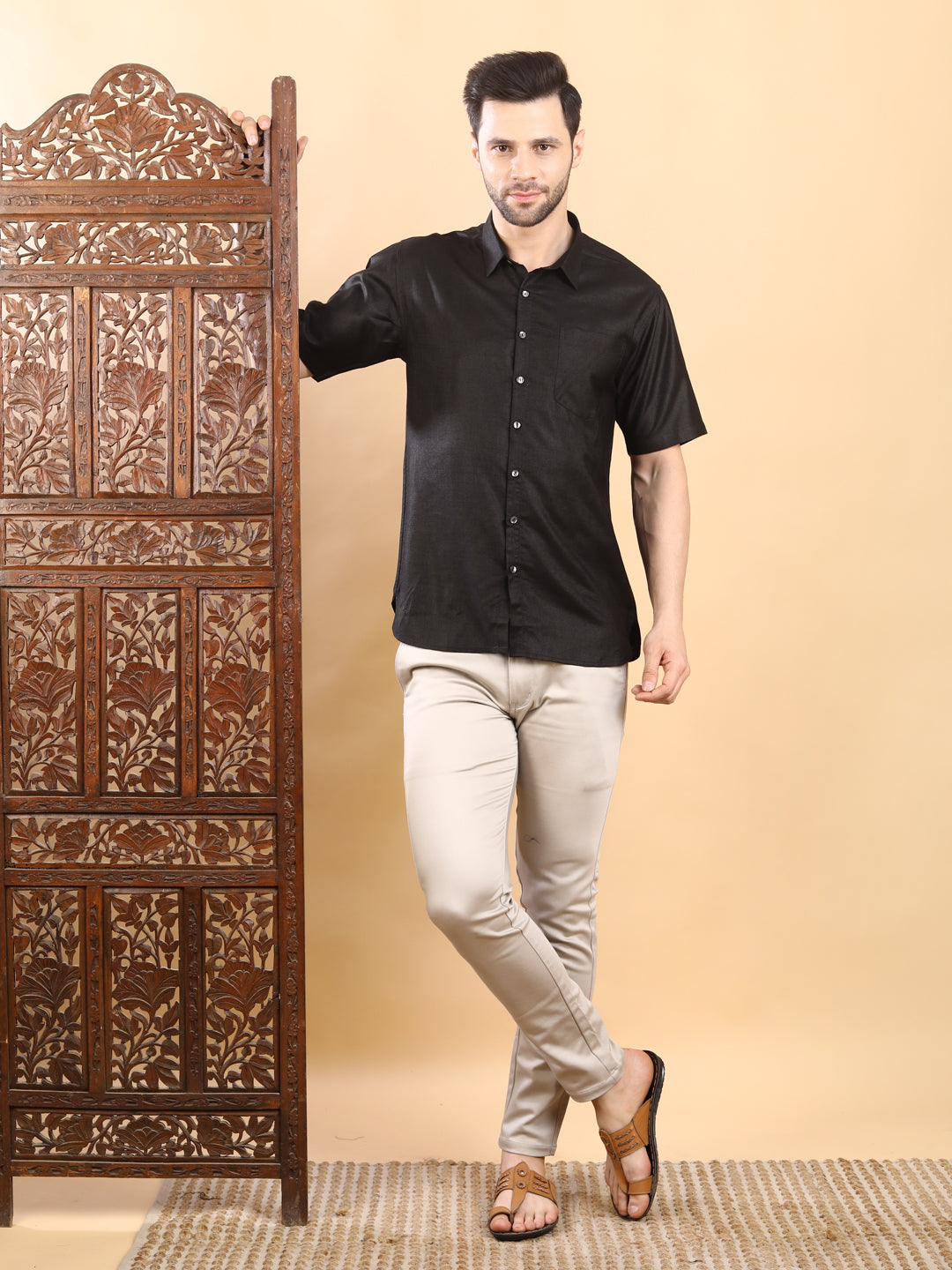 Half-Sleeves Black Solid Short-Sleeve Shirt