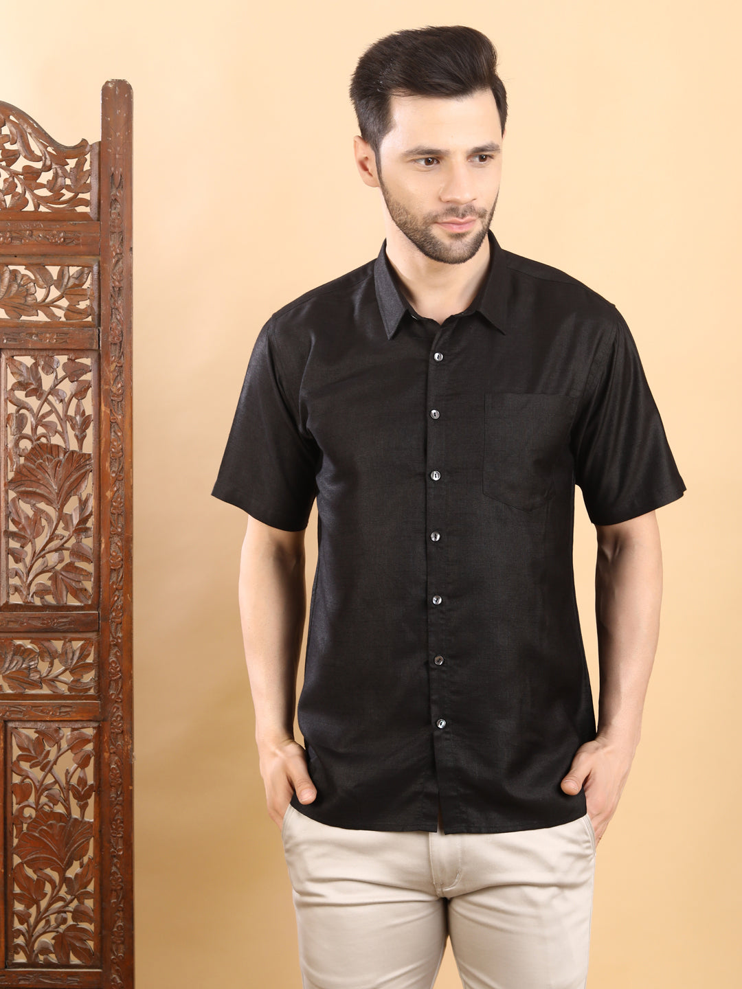 Half-Sleeves Black Solid Short-Sleeve Shirt