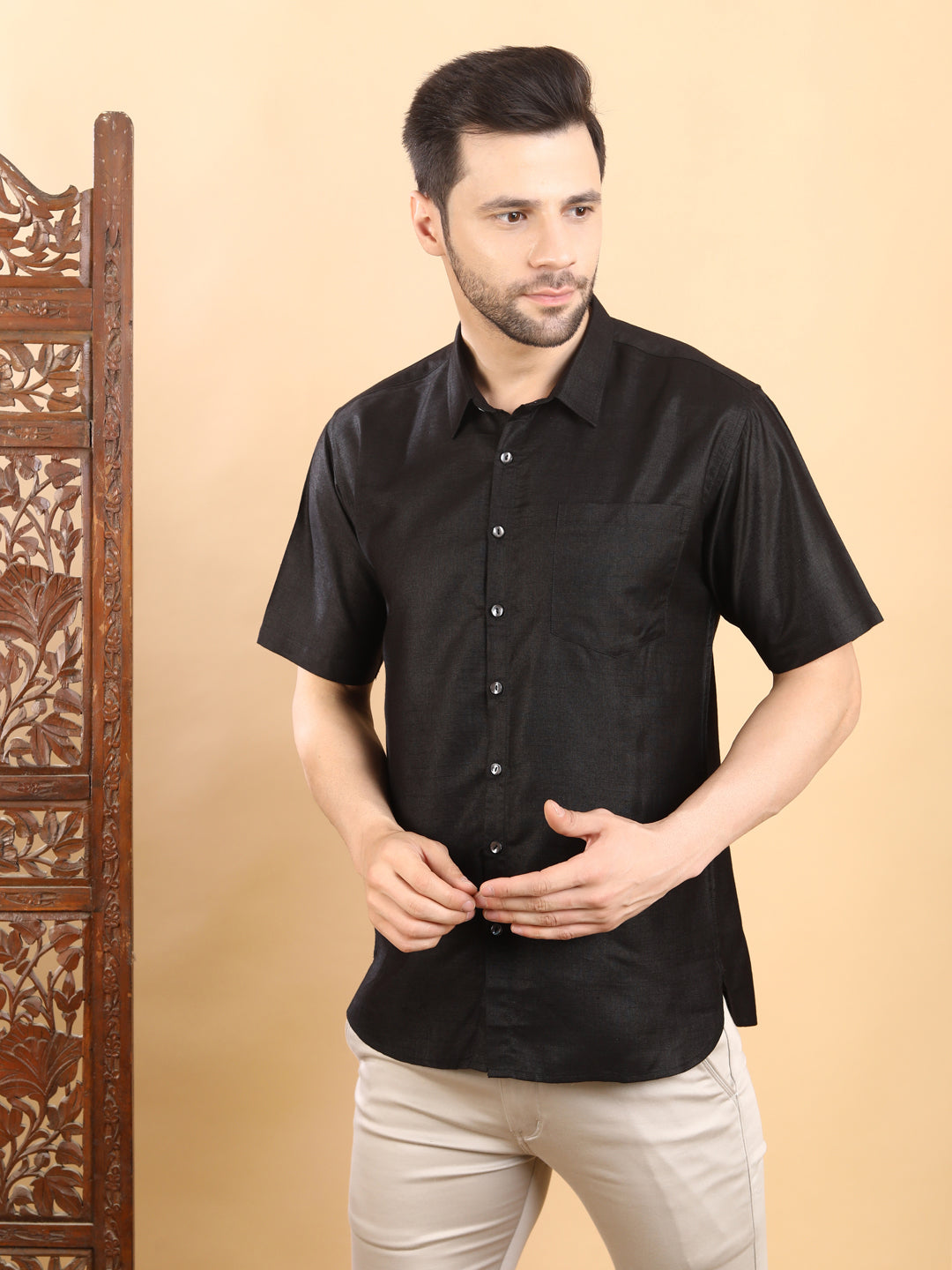 Half-Sleeves Black Solid Short-Sleeve Shirt