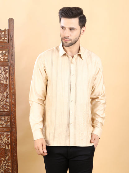 Men's Beige Textured Pintuck Full Sleeve Casual Shirt