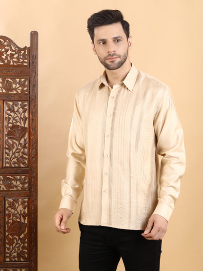 Men's Beige Textured Pintuck Full Sleeve Casual Shirt