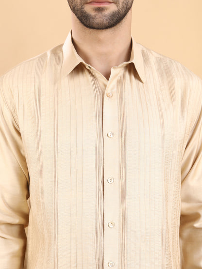 Men's Beige Textured Pintuck Full Sleeve Casual Shirt