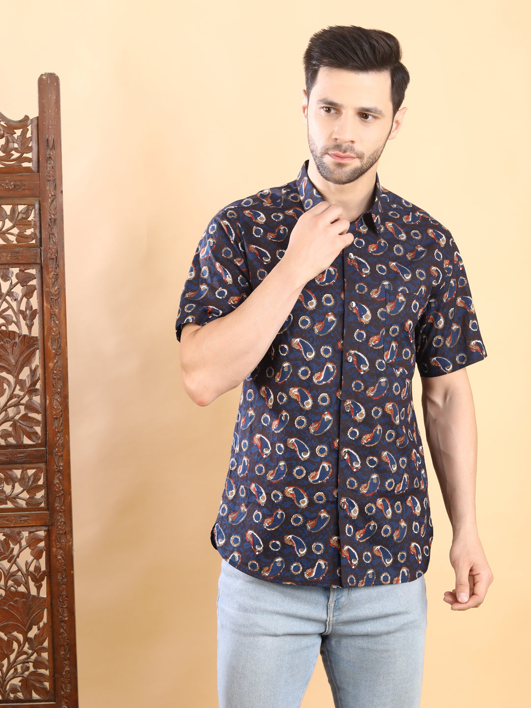 Half-Sleeves Navy Blue Paisley Printed Shirt