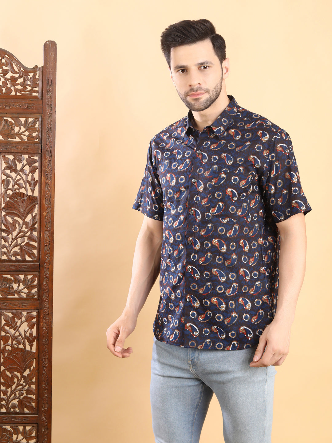 Half-Sleeves Navy Blue Paisley Printed Shirt